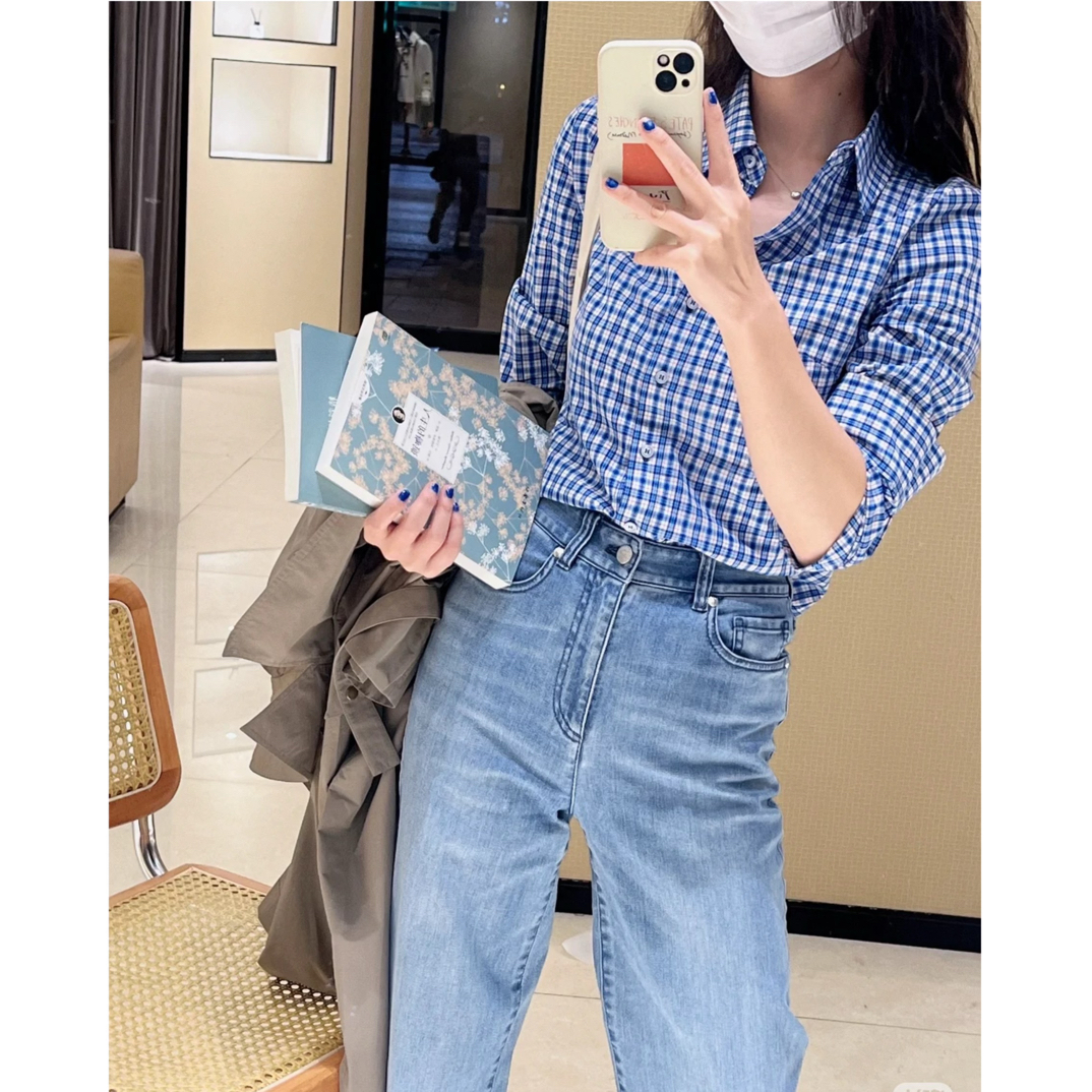 GIRDEAR/哥弟「午茶小调」百搭蓝色休闲复古牛仔格子衬衣1300641