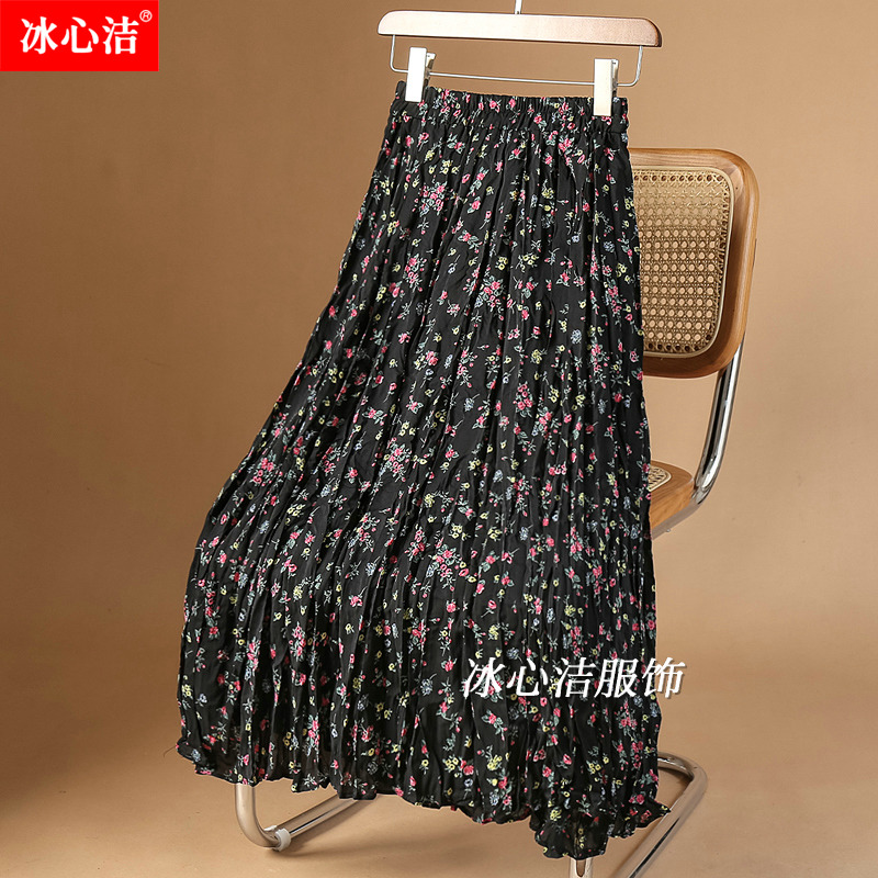 复古褶皱碎花雪纺半身裙女夏季高腰小个子裙子半裙印花百褶裙长裙