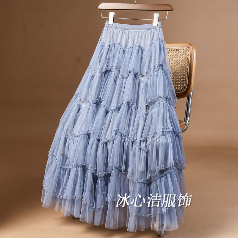 设计感重工钉珠层层网纱蛋糕半身裙女秋季不规则长裙纱裙伞裙半裙