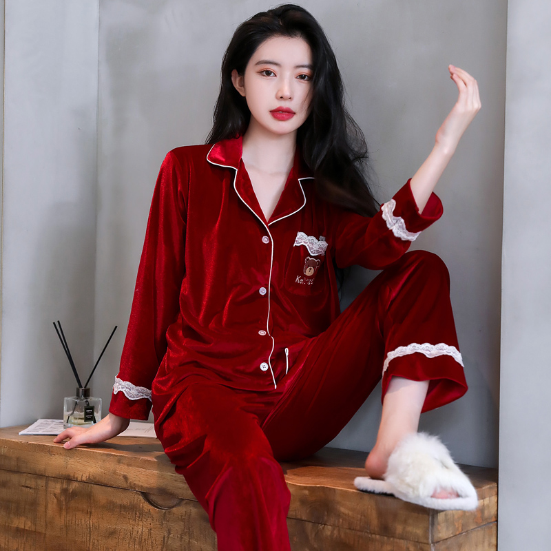乐姿梦2025新款红色金丝绒睡衣女秋冬季长袖保暖可外穿家居服套装