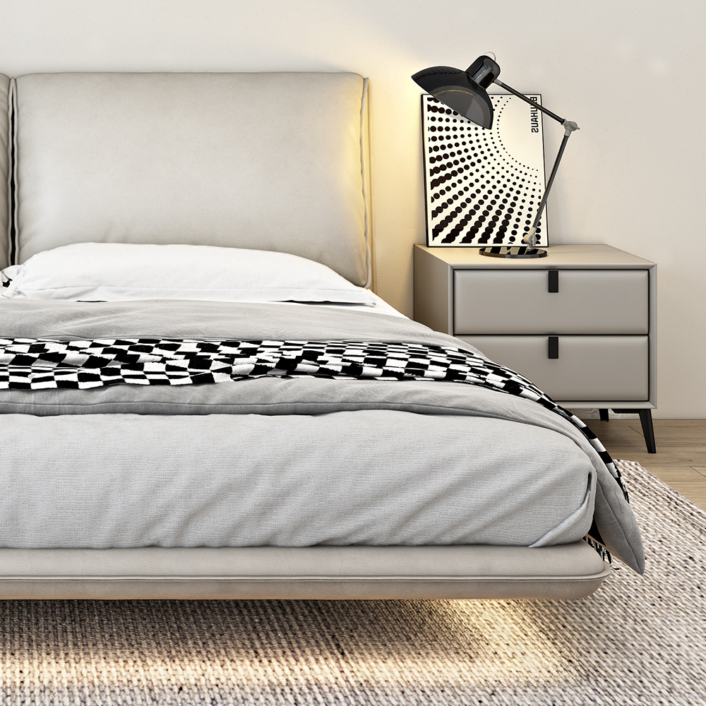 真皮床搭配床头柜全实木简约现代主卧床头柜收纳高端北欧意式极简