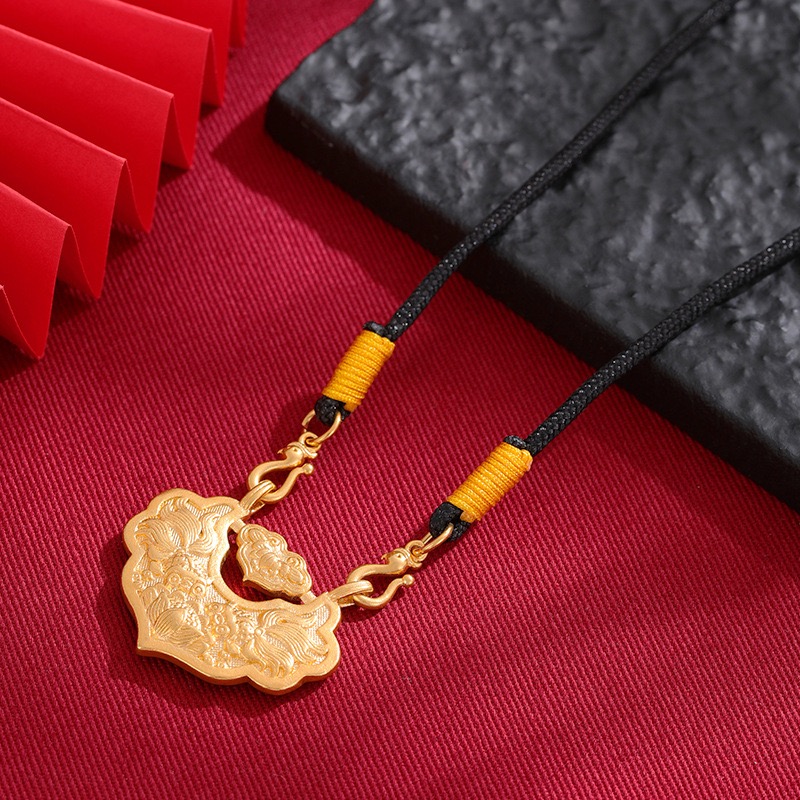 铜合金布艺项链 不掉色双鱼锦鲤平安锁项链女可抽拉编绳毛衣链