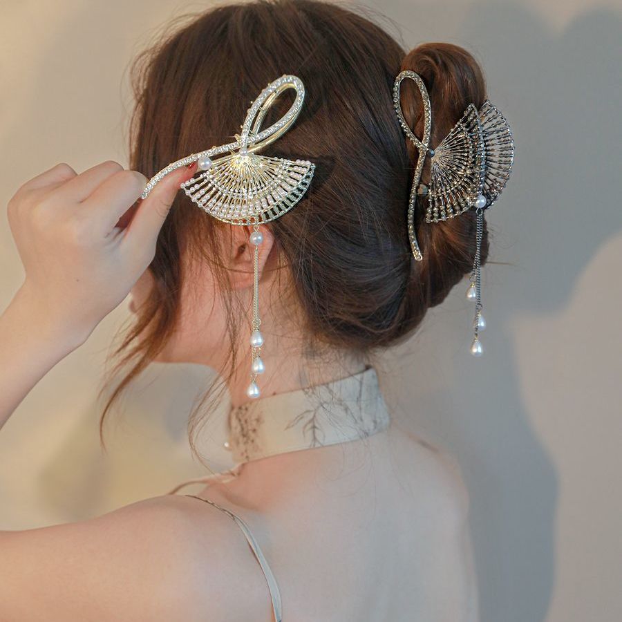 抓夹新中式超仙扇形流苏发抓女后脑勺高级感满钻发夹网红古风发饰