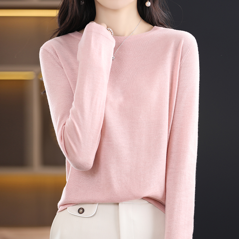 【精纺羊毛】春秋薄款圆领长袖宽松女羊毛衫打底衫针织上衣纯色DF