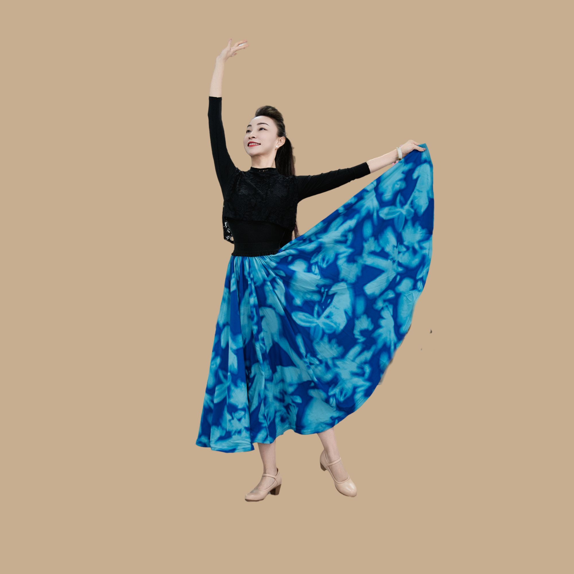 华丝格景泰蓝/丹枫粉点帕斯印染大摆裙（单裙）长款半身裙