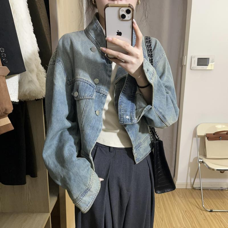短款牛仔外套女春秋季百搭宽松小个子设计感小众盐系立领夹克上衣