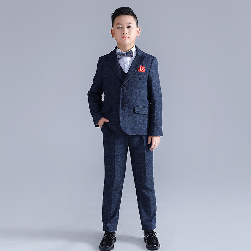 儿童礼服2022新款胖版格子西服套装男童花童婚礼中大童演出服加肥
