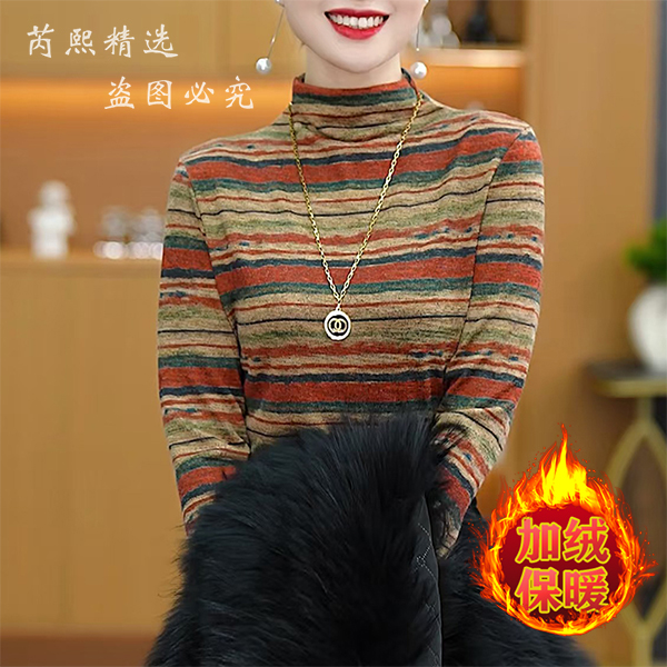 2025春秋新款加绒保暖半高领长袖打底衫女不规则条纹内搭洋气上衣