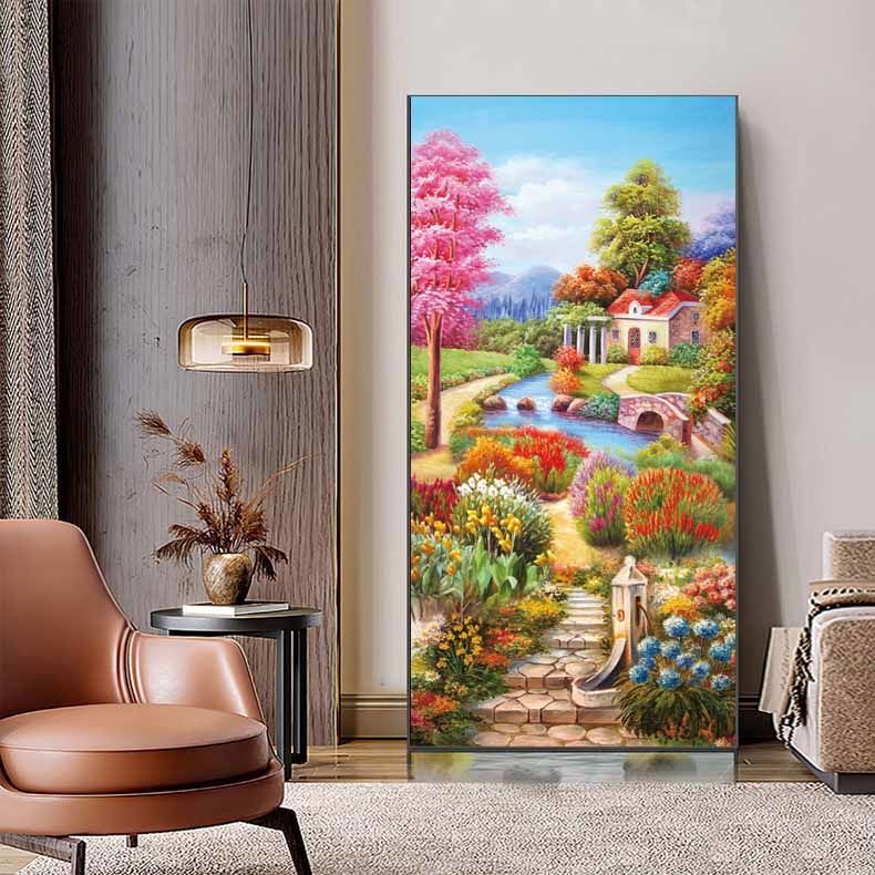 【大格】爱阁十字绣竖版花园小屋风景画玄关客厅简约棉线装饰
