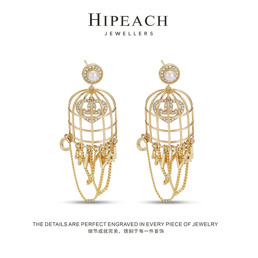  镀K金中古气质鸟笼耳环HTW0084