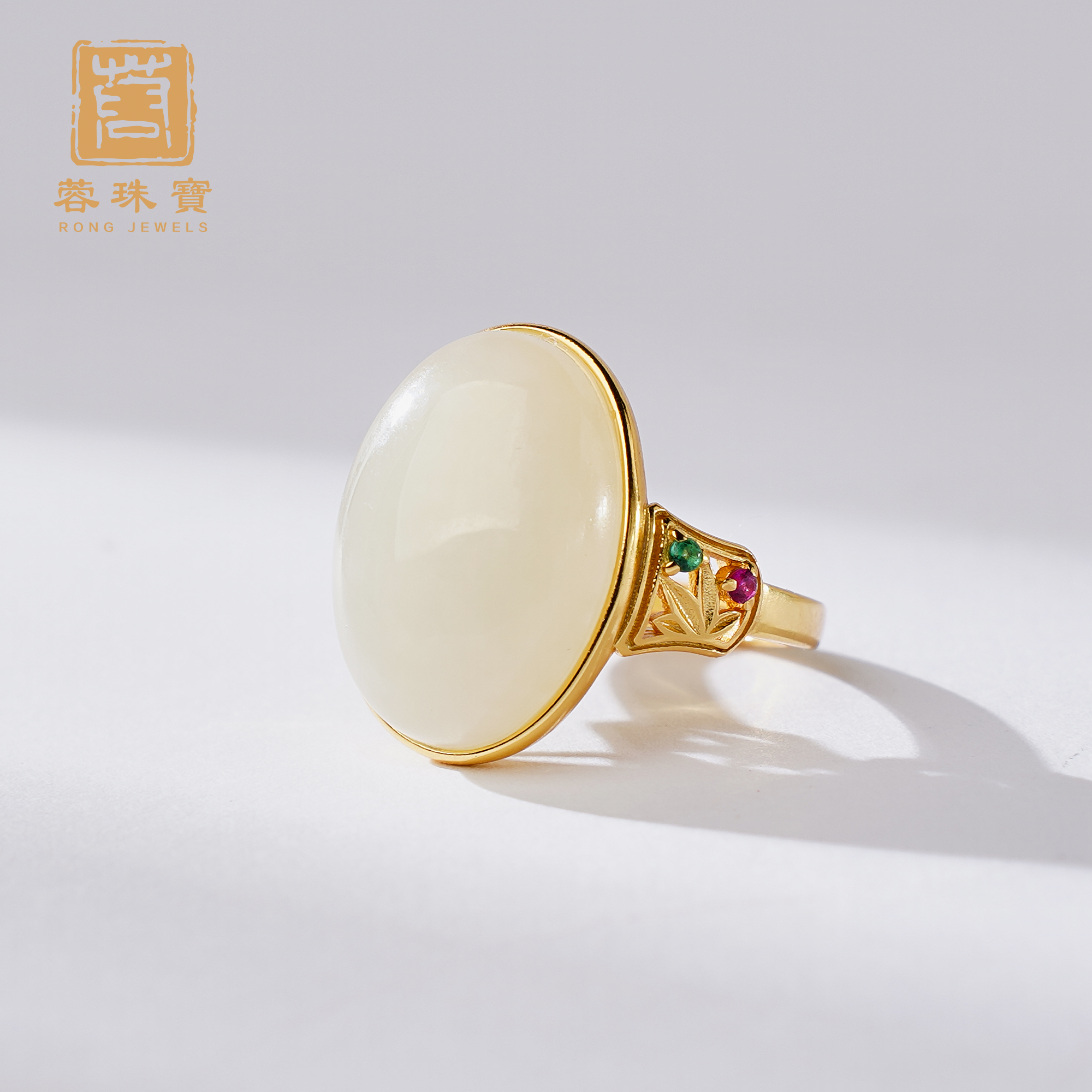 【蓉珠宝】瑞溪S925银镶和田玉蛋面戒指时尚复古珠寶女款气质古风