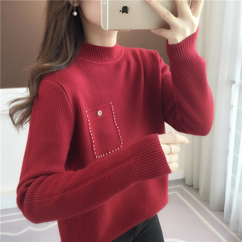 M4半高领加厚一体绒红色毛衣女款2024新款秋冬爆款加绒内搭打底衫