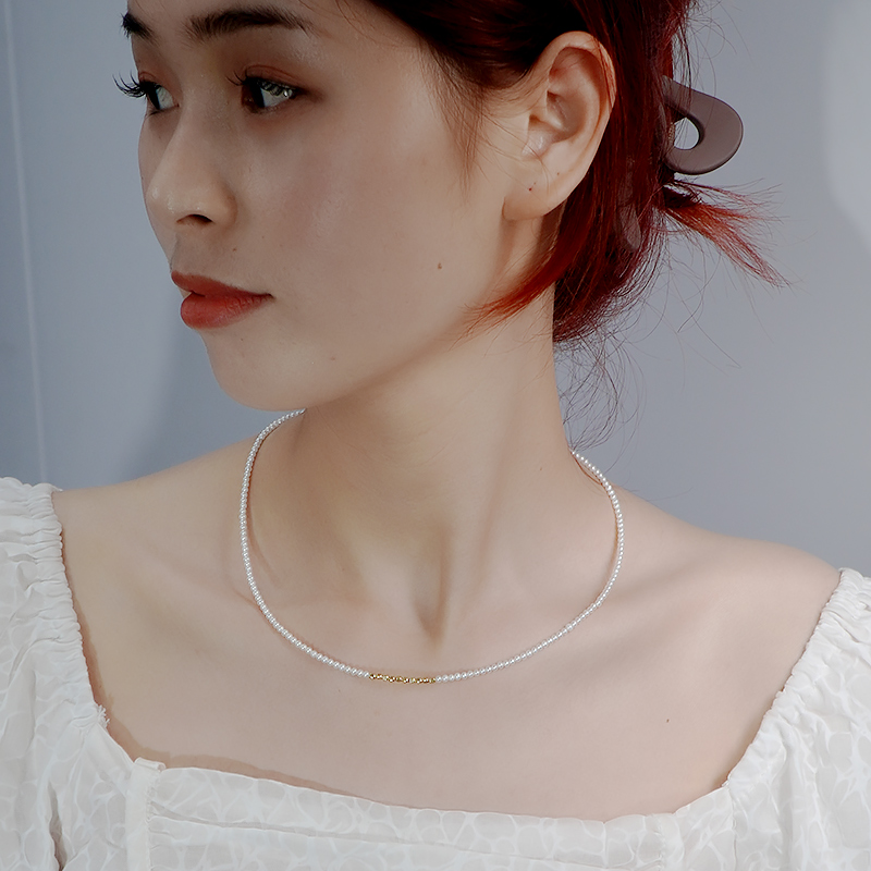 G18K金小方糖 淡水珍珠2-3mm顶小强光baby项链珍珠 时尚个性