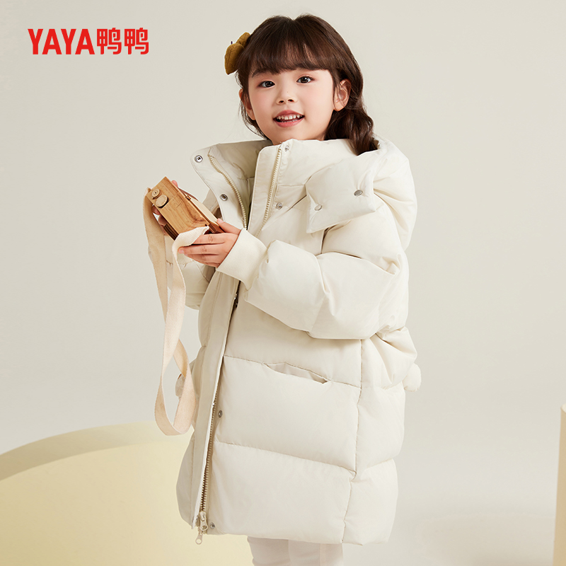 鸭鸭儿童羽绒服女童冬季2024新款中小童加厚保暖连帽中长款外套