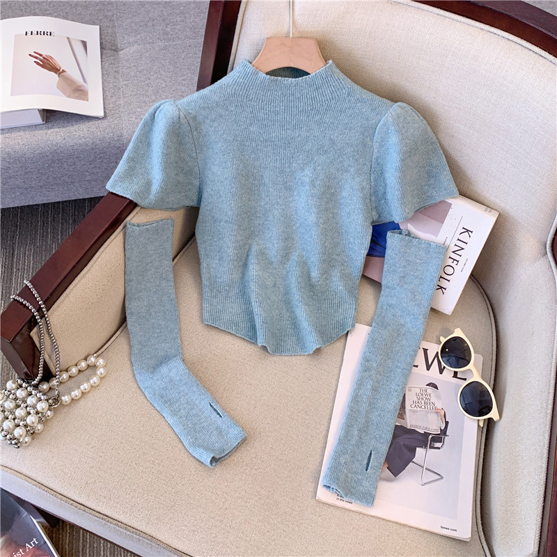 法式可拆卸袖套半高领毛衣针织衫女秋季新款法式泡泡袖超好看上衣