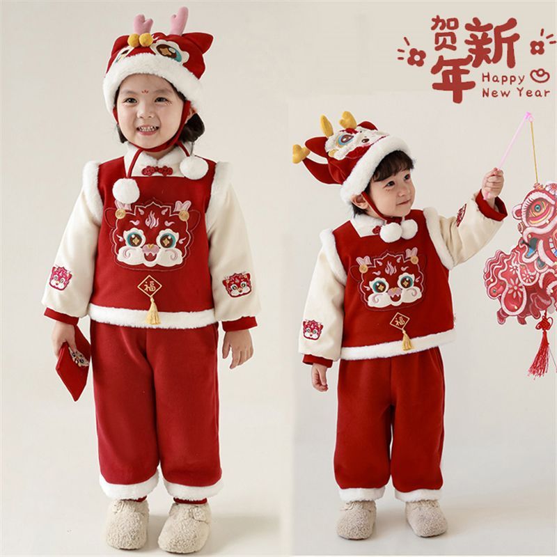 儿童拜年服套装2024冬季中国风男女童加绒唐装两件套宝宝
