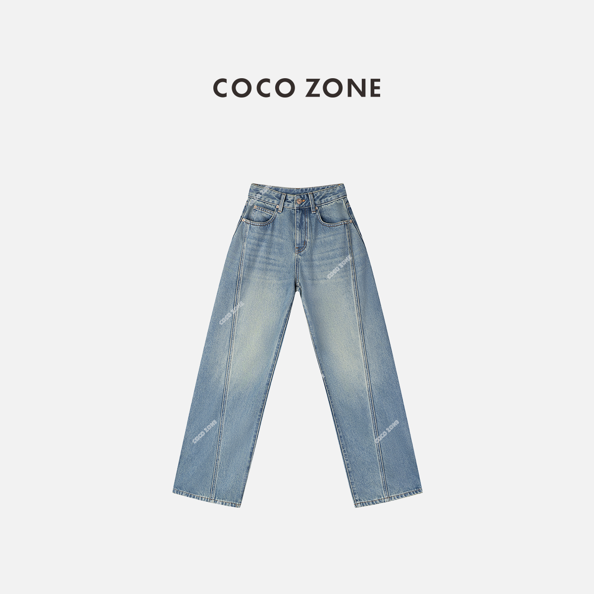 COCO ZONE 刘一一 复古显瘦蓝色设计感底磨毛直筒牛仔裤CC2D3292