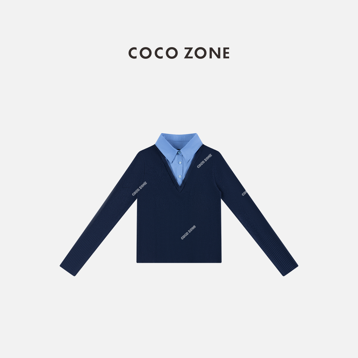 COCO ZONE 刘一一 学院风假两件polo领撞色拼接针织衫CC2D2958
