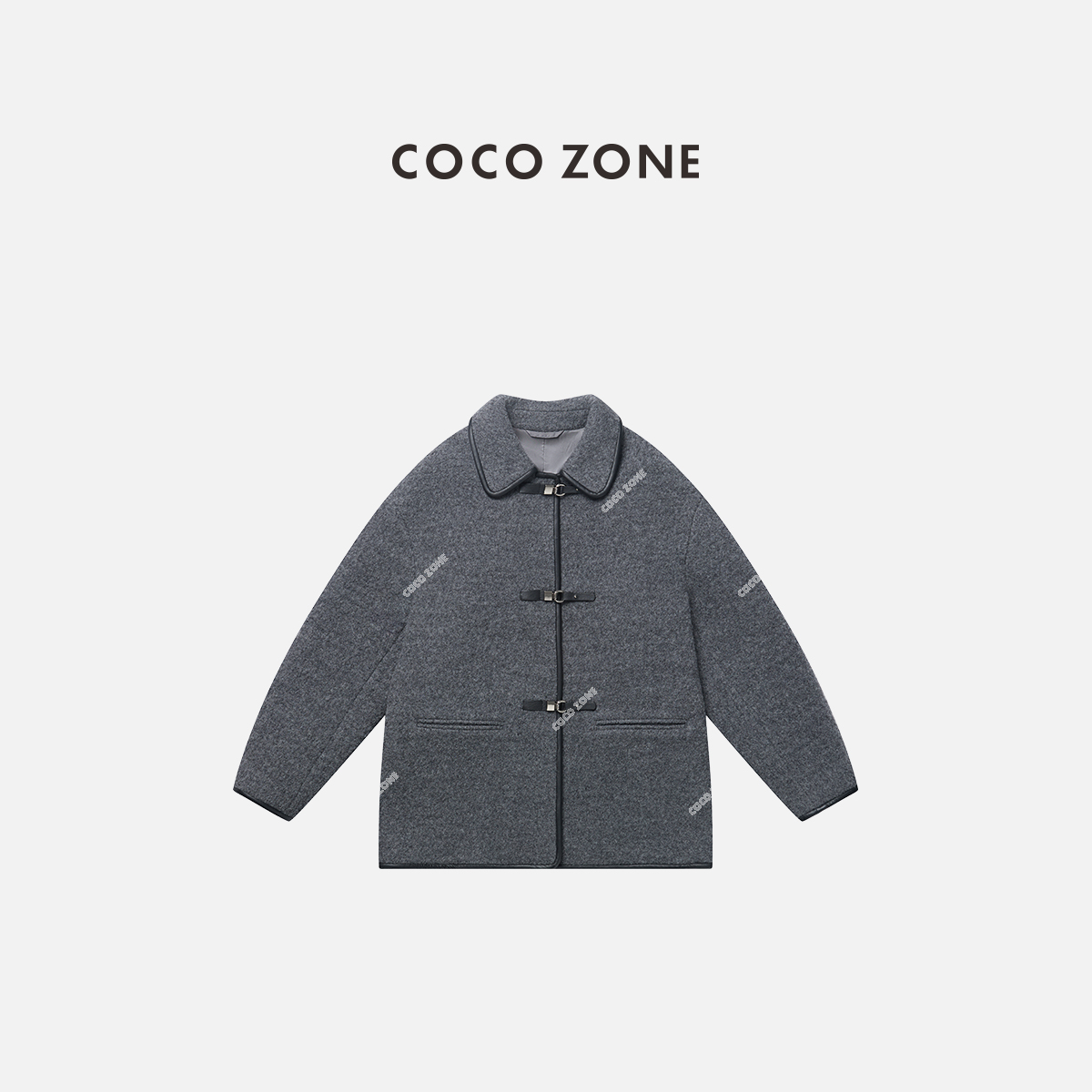 COCO ZONE 刘一一 100绵羊毛学院风牛角扣翻领拼接外套CC2D2764