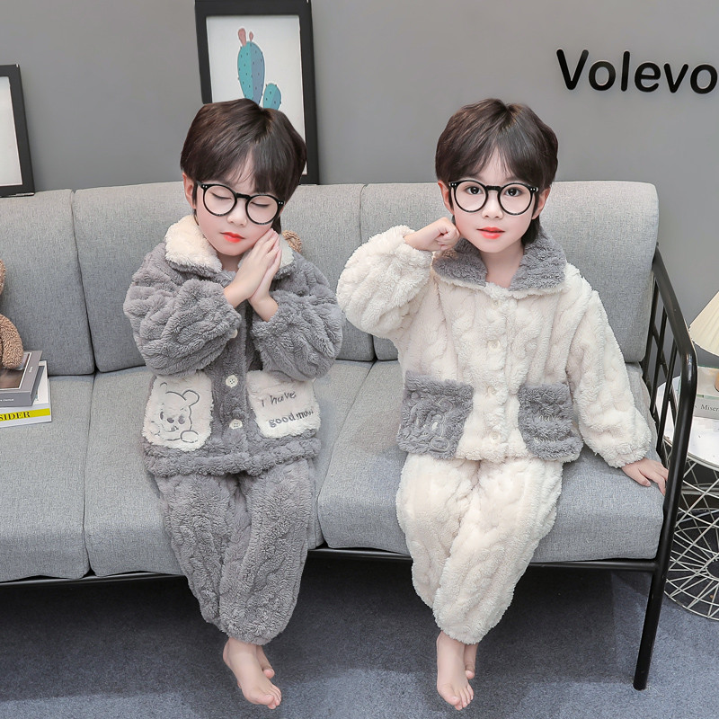 秋冬童装睡衣男童法兰绒加厚开衫男宝加绒中小童冬季珊瑚绒家居服