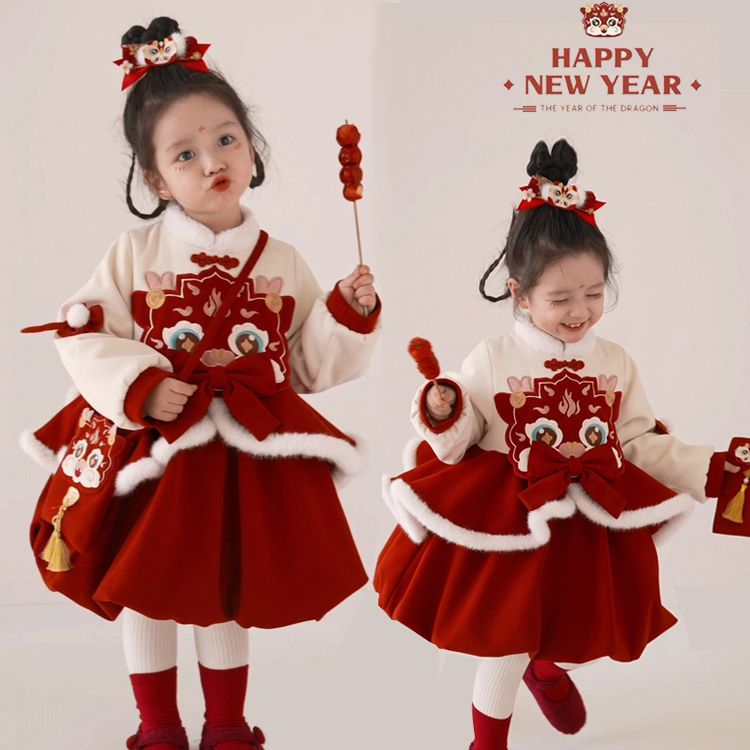 2023冬季儿童拜年服小女孩唐装连衣裙宝宝新年衣服中小童喜庆冬装