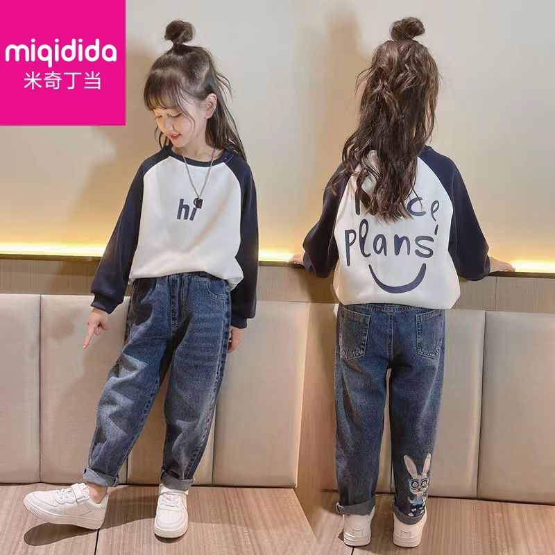 女童春秋套装洋气新款潮流休闲卡通宽松卫衣牛仔裤两件套