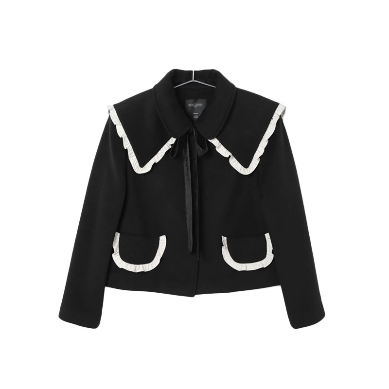 Z131  撞色木耳边短大衣