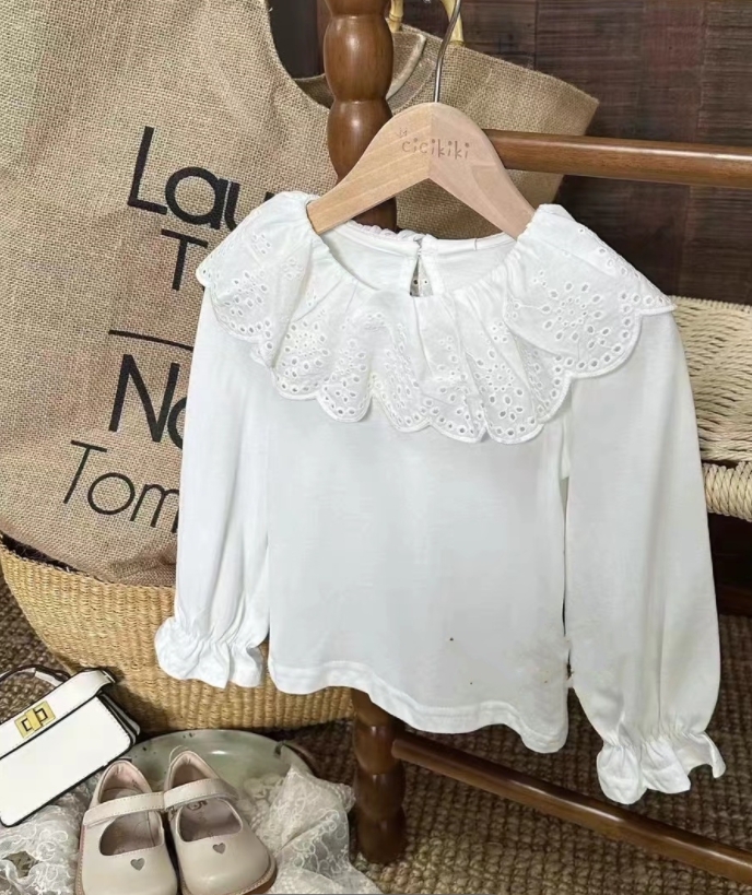 HW2005女童打底衫春秋新款衫宝宝花边领T恤长袖上衣女孩百搭衣服