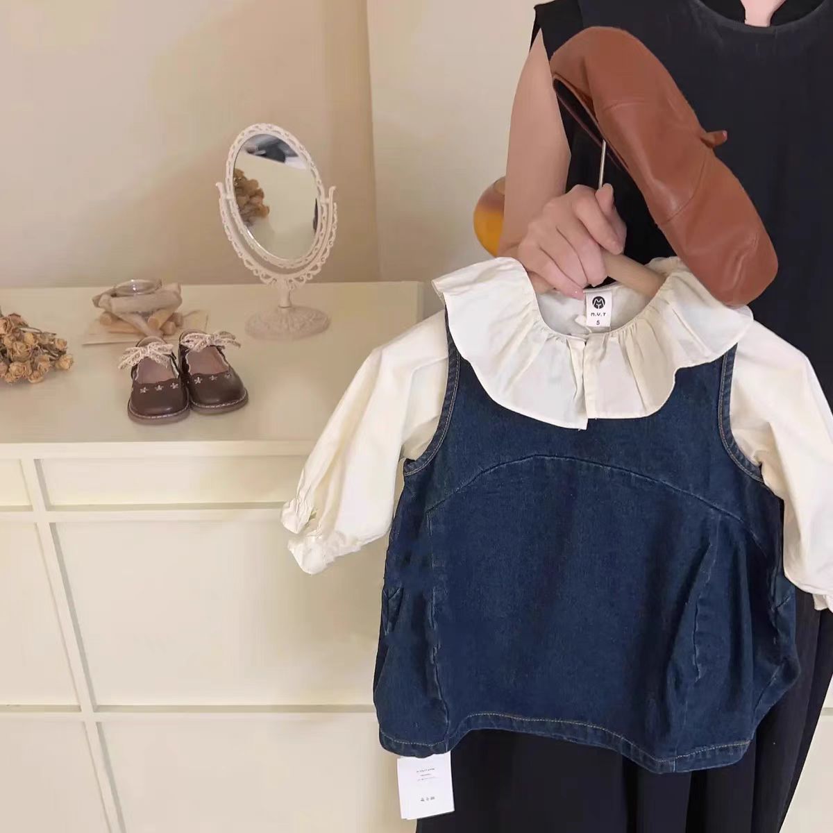 wz6008女童春秋季荷叶边衬衫套装女宝宝韩版洋气时髦牛仔背带裙