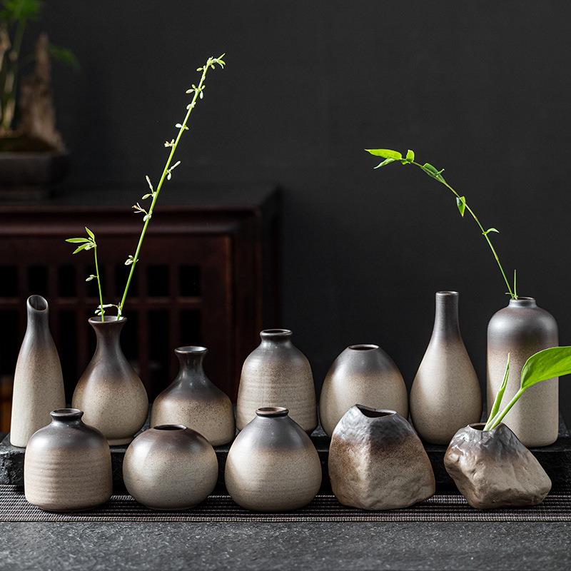 迷你陶瓷花瓶日式陶瓷花器茶桌花瓶粗陶禅意中式铜钱草家居摆件百