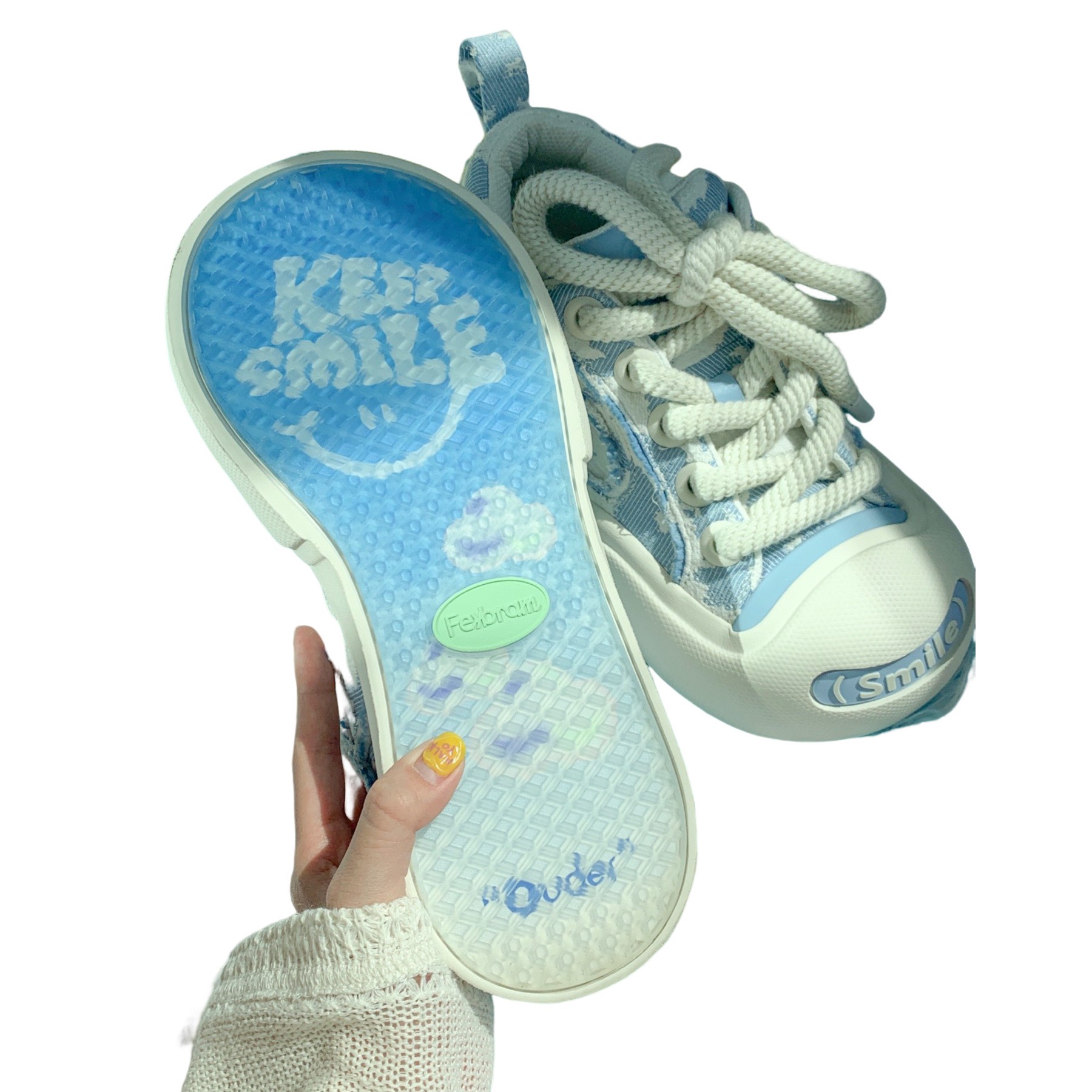 Ouder“smiler”夏季厚底丑萌圆头增高小众开口笑蓝天白云学生鞋