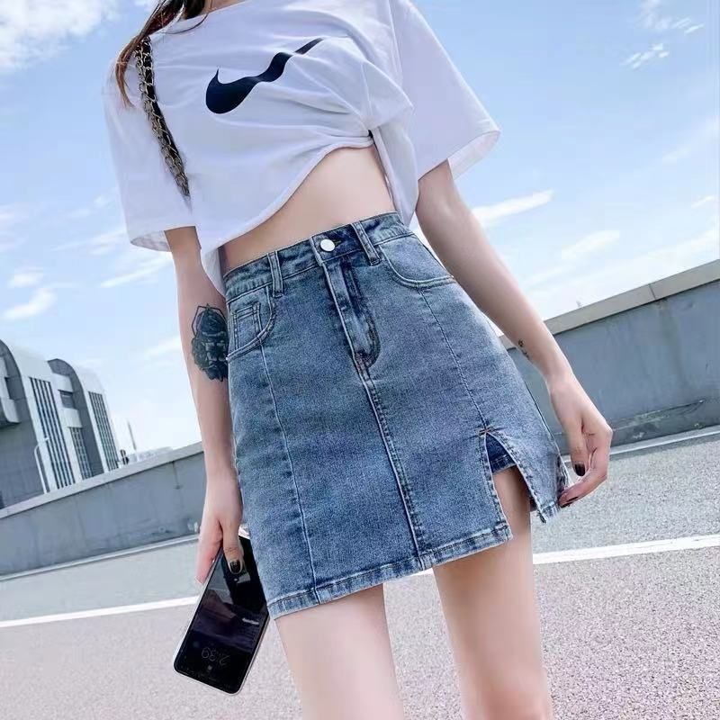 高腰侧开叉牛仔半身裙女夏季2025新款显瘦a字辣妹包臀裙牛仔短裙z