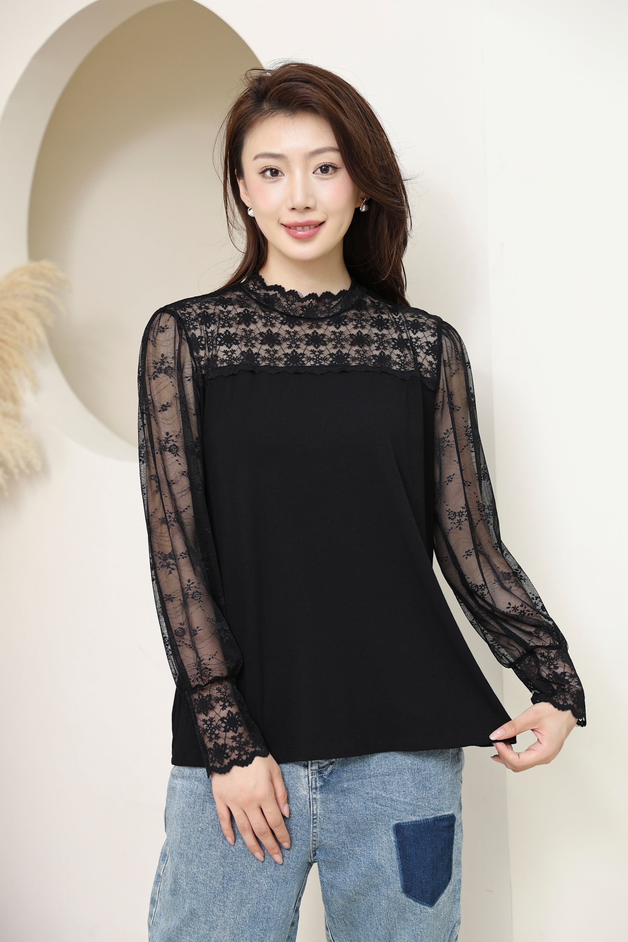 特大码半高领蕾丝打底衫2025春秋女上衣花边袖洋气春秋内搭小衫