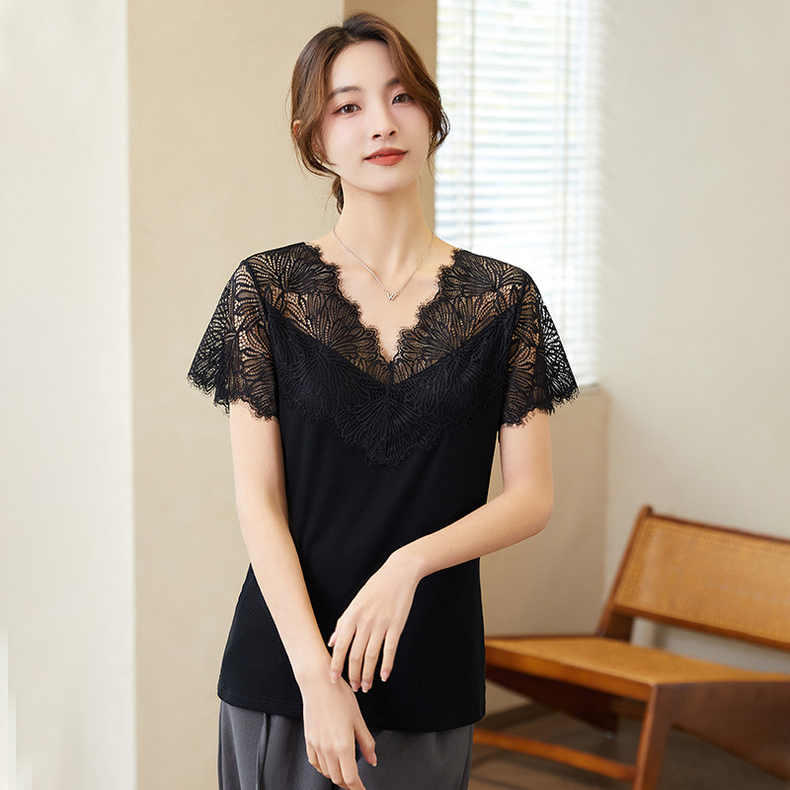 1629春夏新款半袖新款镂空蕾丝拼接花边袖宽松显瘦打底百搭女短袖