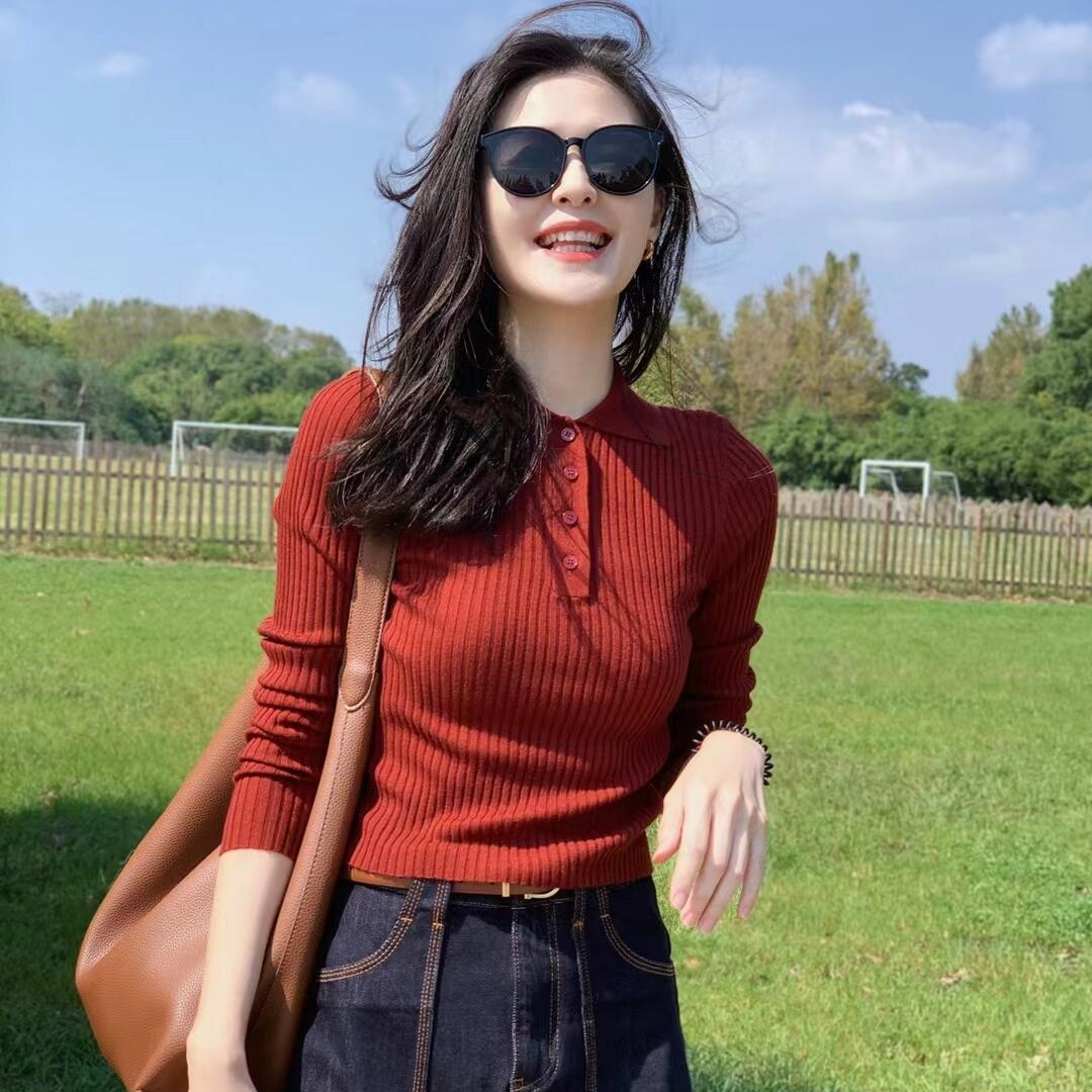 复古红色polo领套头毛衣洋气针织衫女装秋冬季网红修身打底衫上衣