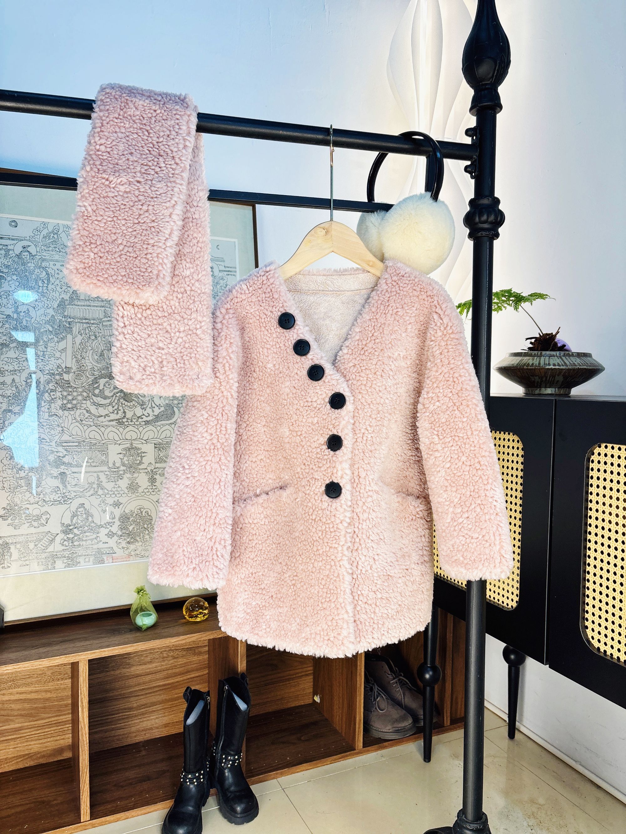 100%羊毛长款儿童外套24秋冬新款全羊毛可拆卸围巾亲子装童装