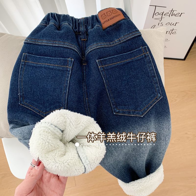 男童一体羊羔绒牛仔裤冬季儿童加绒加厚保暖裤子小童弹力宽松长裤
