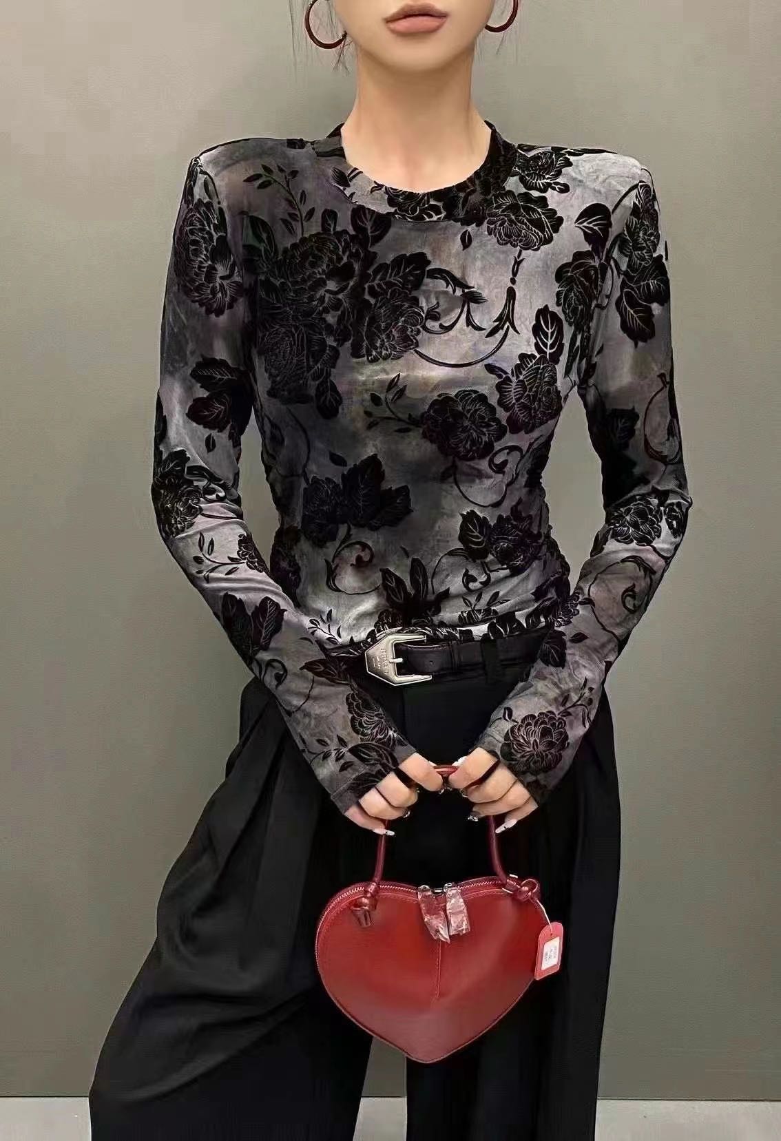 欧洲站时尚透视网纱植绒微透丝绒T恤上衣女2024秋复古打底衫内搭