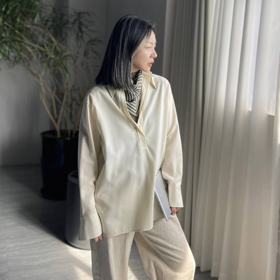 TOFOD  高级成衣 精纺羊毛 宽松廓形立领纯色长袖衬衫女DY362