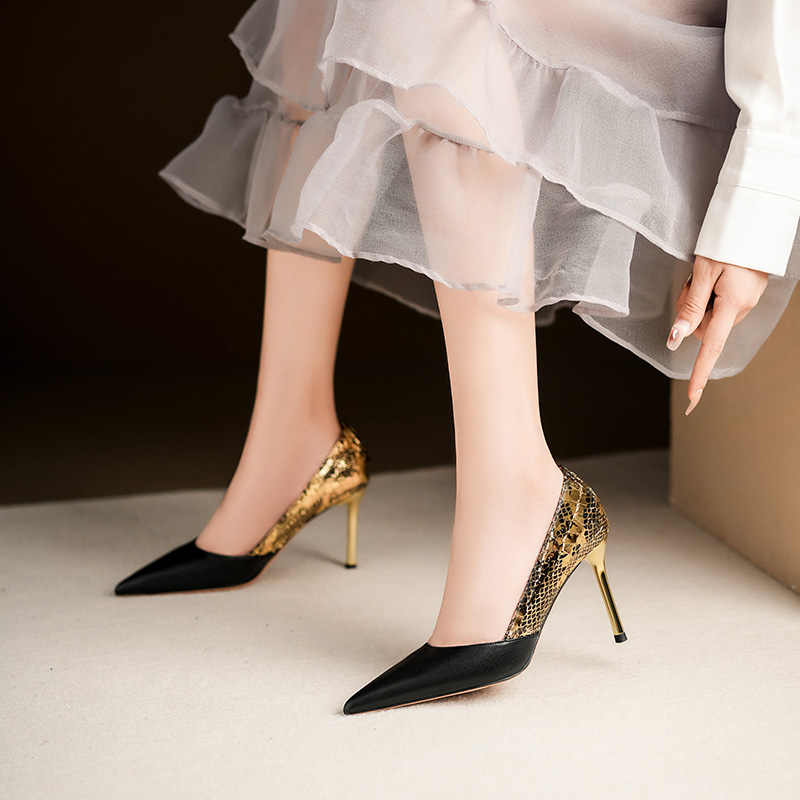 夏季新款皮面蛇纹拼接黑色浅口高跟鞋气质时尚百搭性感细跟小众