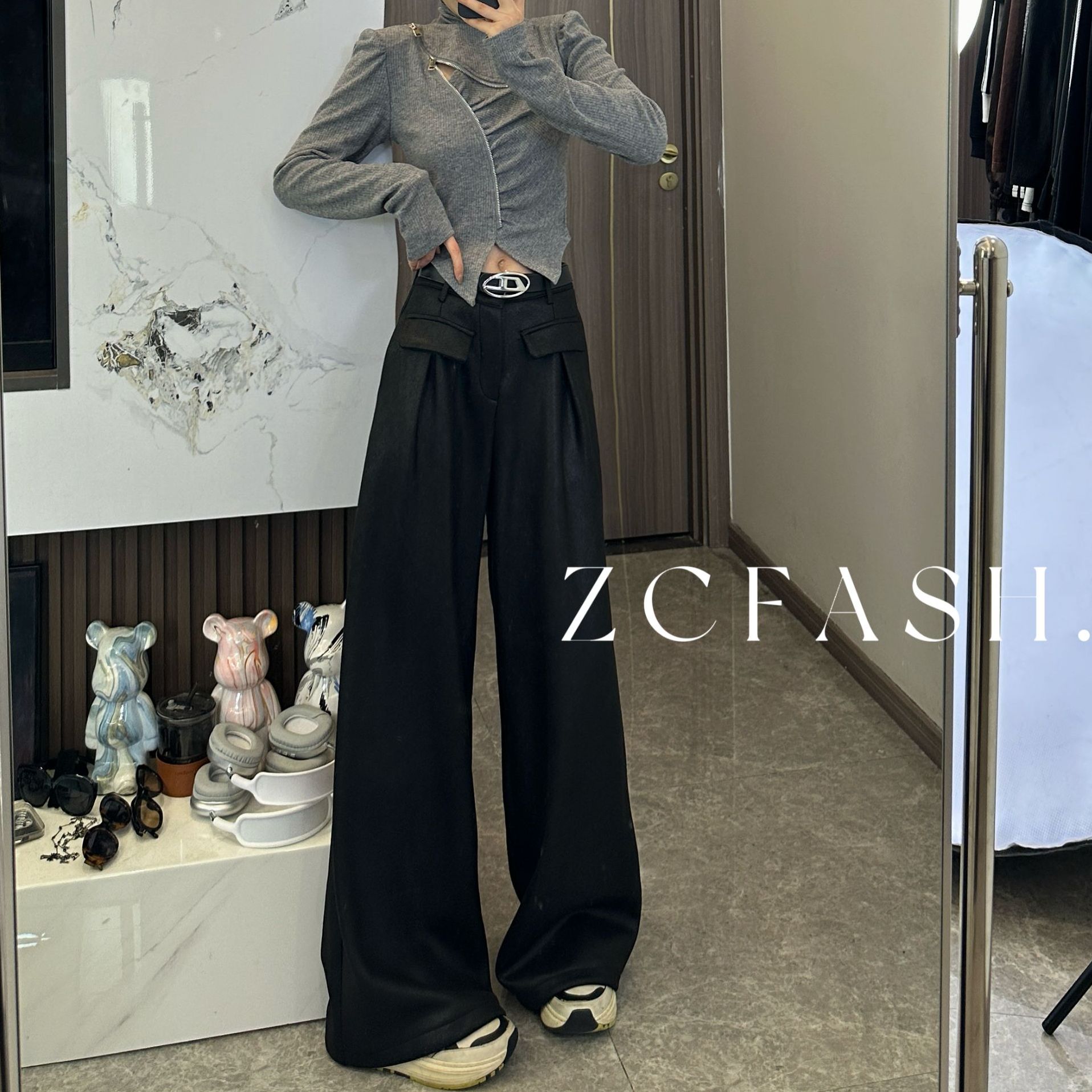 ZC-新款秋冬季质感几皮阔腿裤显瘦百搭宽松垂感设计感裤子-k029