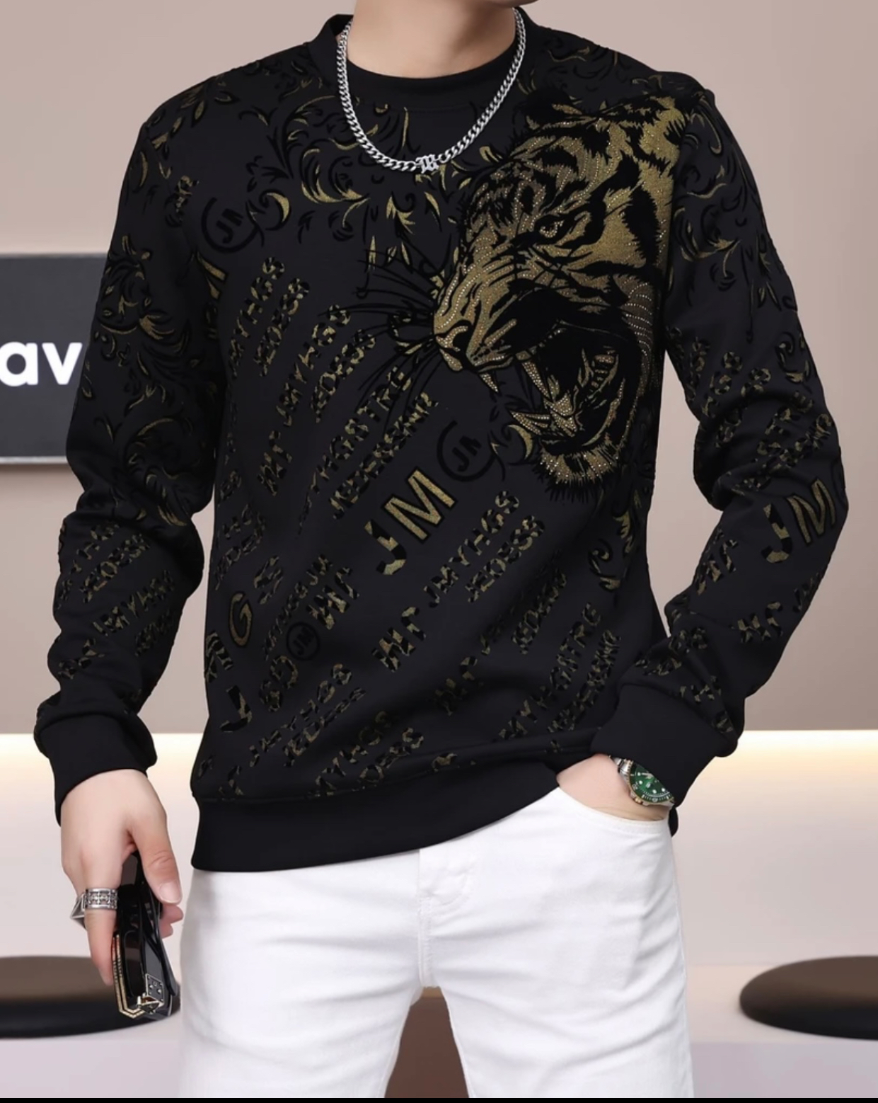 2024秋季新款高端欧货男士圆领套头卫衣植绒虎头百搭时尚帅气上衣