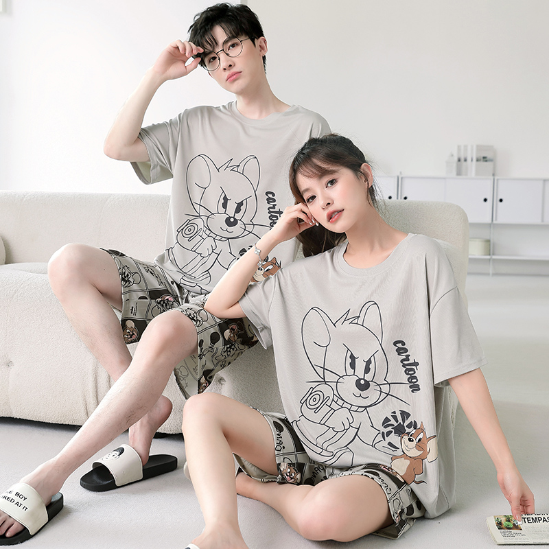 夏天莫代尔短袖睡衣女套装情侣夏季薄款宽松学生卡通加大码家居服