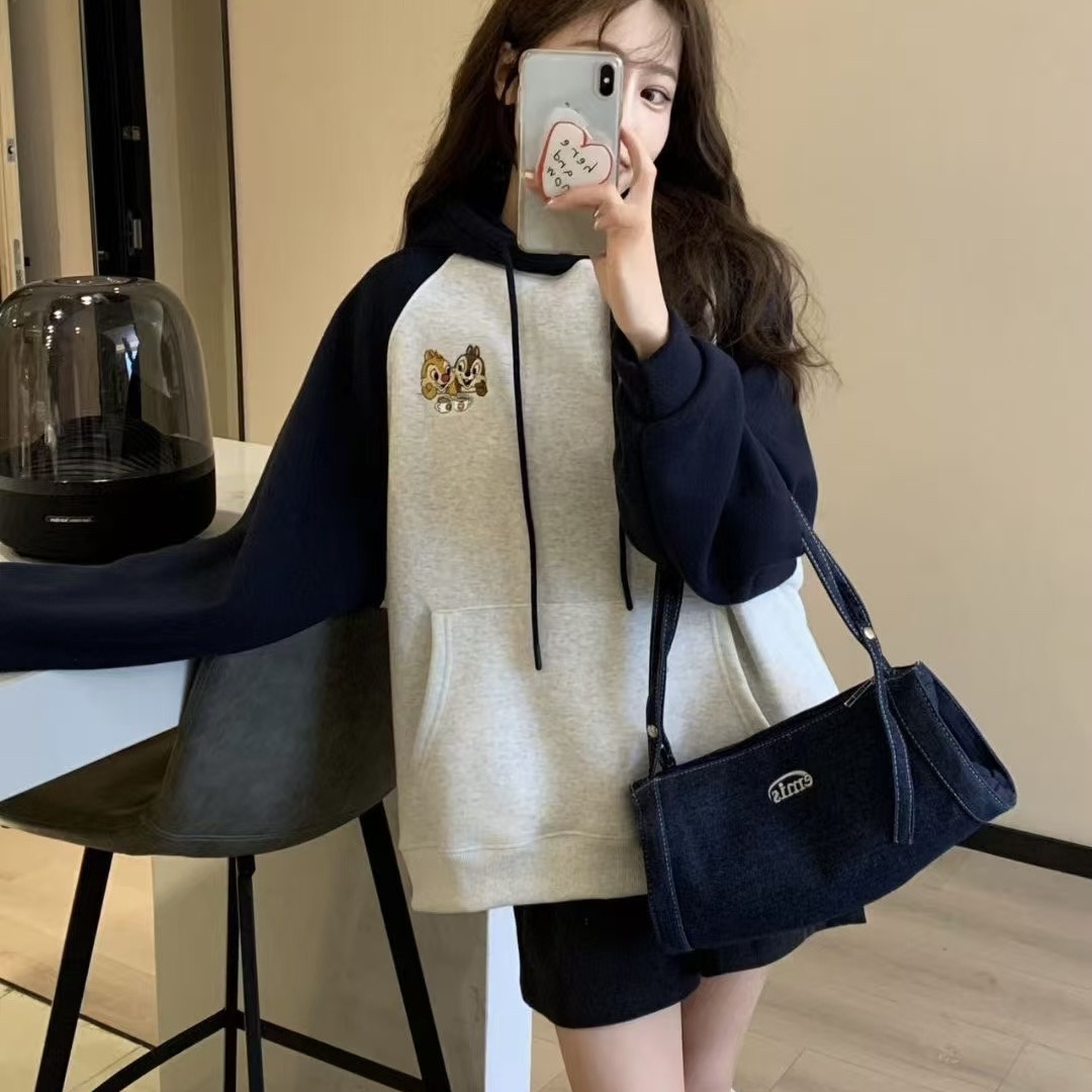 冬季新款松鼠刺绣连帽卫衣宽松显瘦加绒加厚上衣