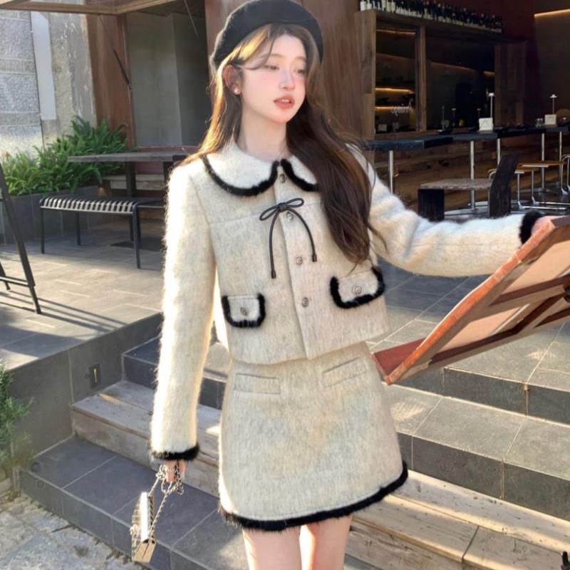 小香风套装女秋冬季蝴蝶结撞色外套高腰半身裙高级感小洋装两件套