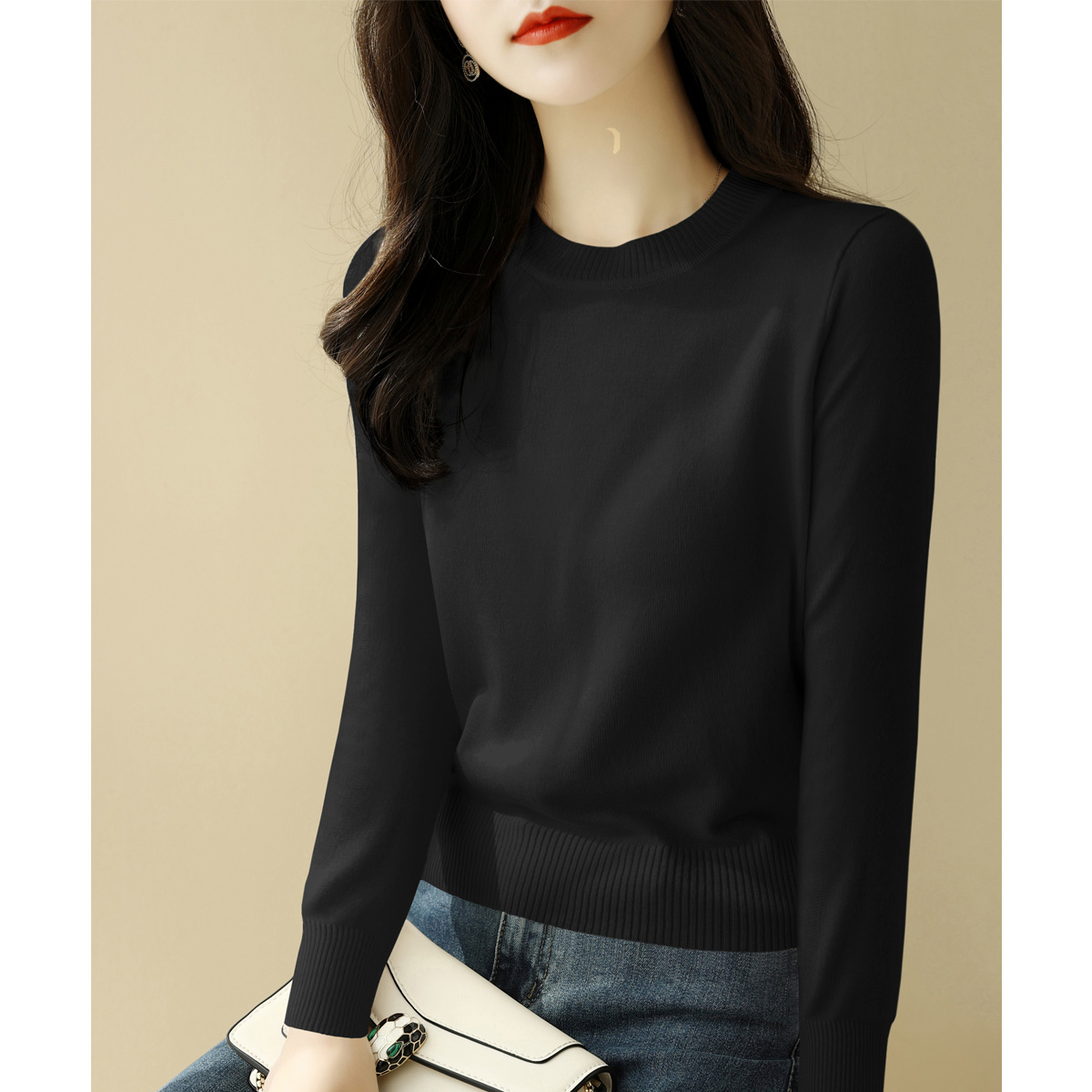 半高圆领长袖针织衫上衣女装秋冬2023新款黑色宽松打底慵懒风毛衣