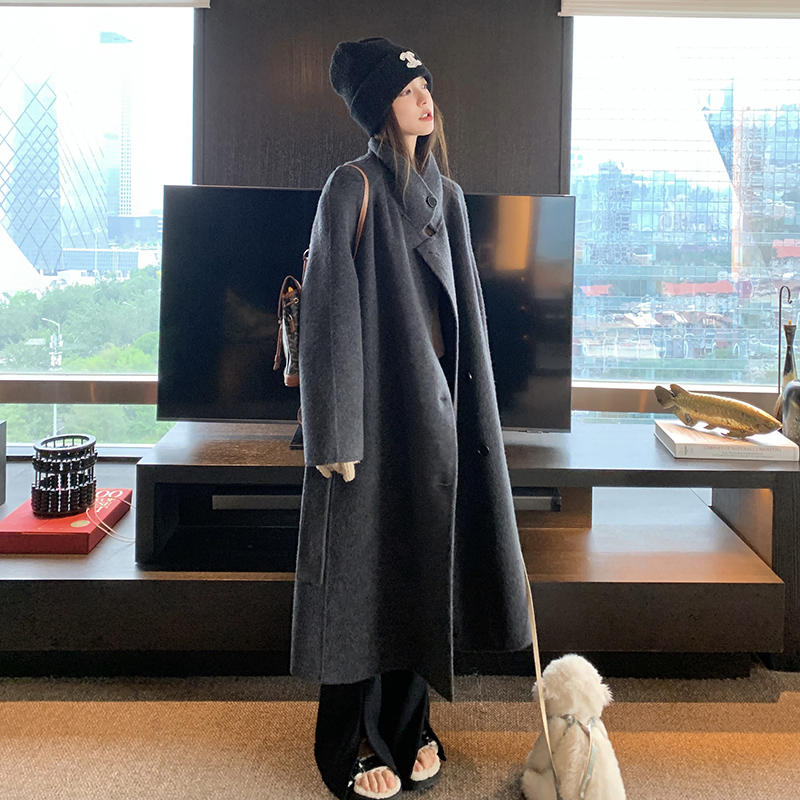深灰色双面羊绒大衣女2023秋冬新款韩系气质宽松过膝长款呢子大衣