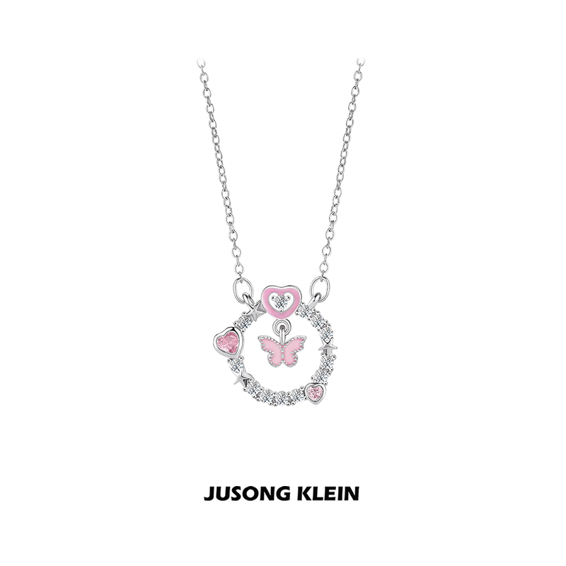 Jusong klein 钛钢项链 蝴蝶结项链女轻奢小众设计感粉锆石锁骨链