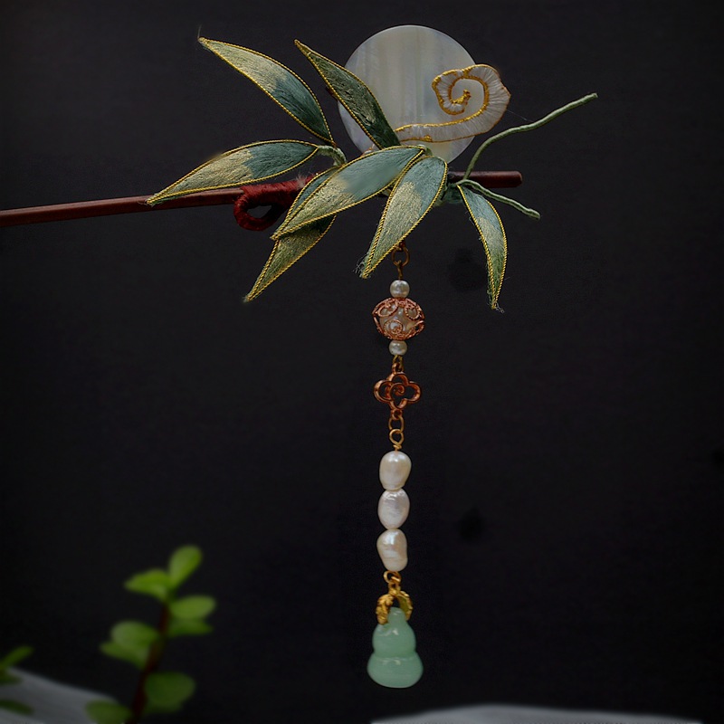 原创竹叶古风 蚕丝绒花簪子汉服旗袍盘发 竹簪子古装头饰国风发饰