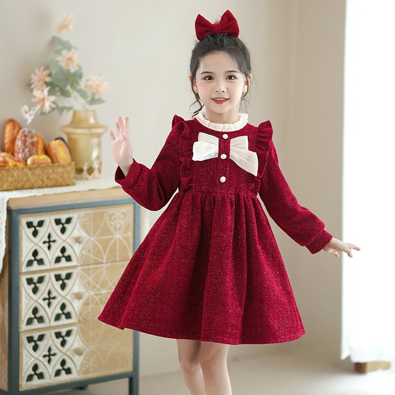 红色儿童装裙子宝宝连衣裙2023新款加厚甜美小女孩加绒公主裙